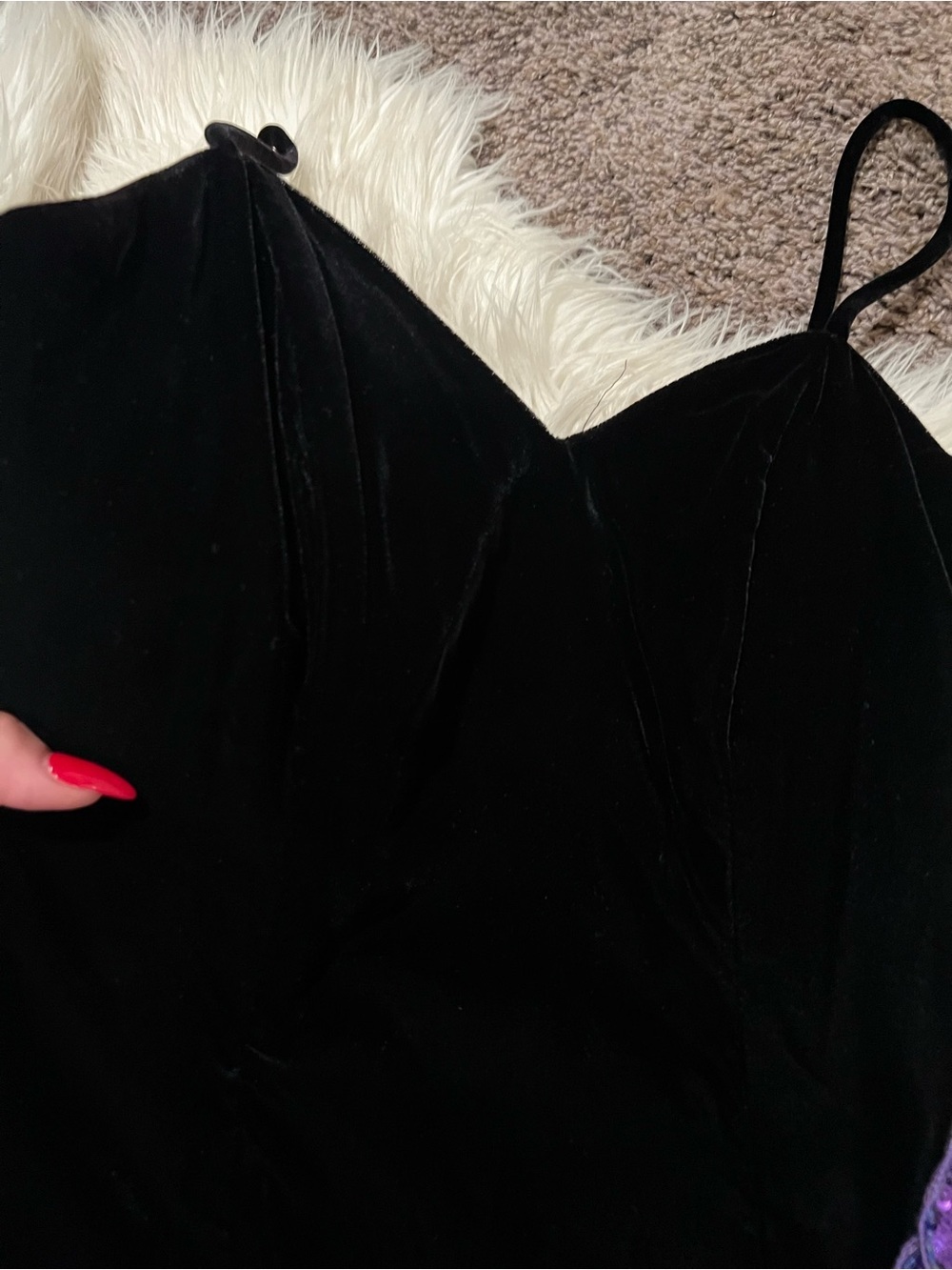 Velvet Cocktail dress, Vintage 1980s with Purple taffeta ruffle detail - Picture 3 of 9
